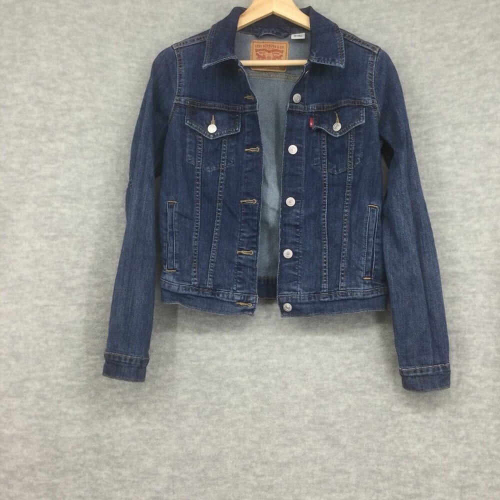 Levis Denim Trucker Jean Jacket Small Dark Wash Buttons Collar Stretch